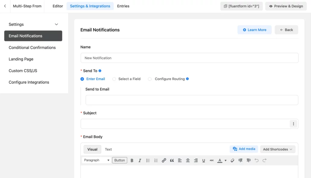 email notification of a multi step form builder tool
